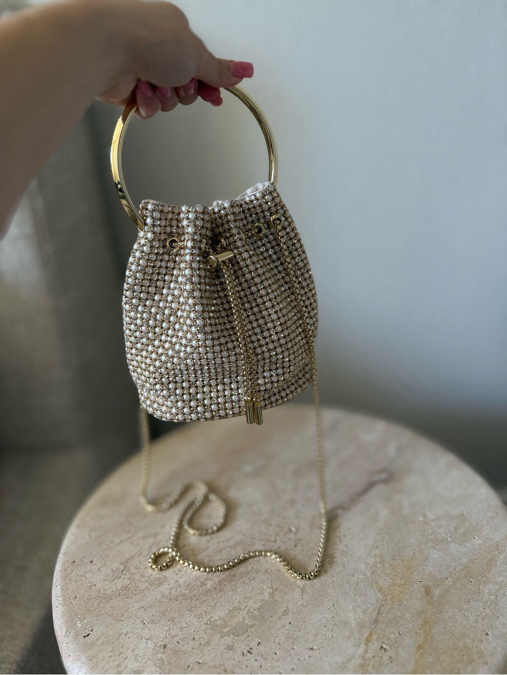 Madison West Pearl Rhinestone Bucket Bag Gold Handle Wedding Evening Bag - Picture 3 of 10